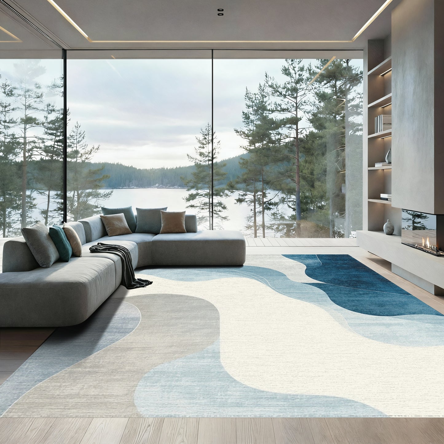 Fluid Blue Gray Abstract Waves Rug