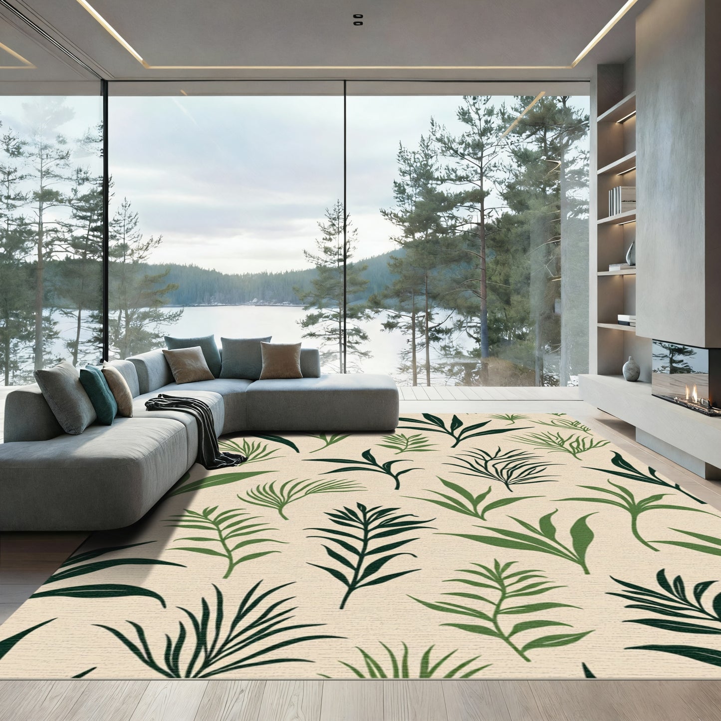 Earthy Green Tropical Leaf Arrangement Rug