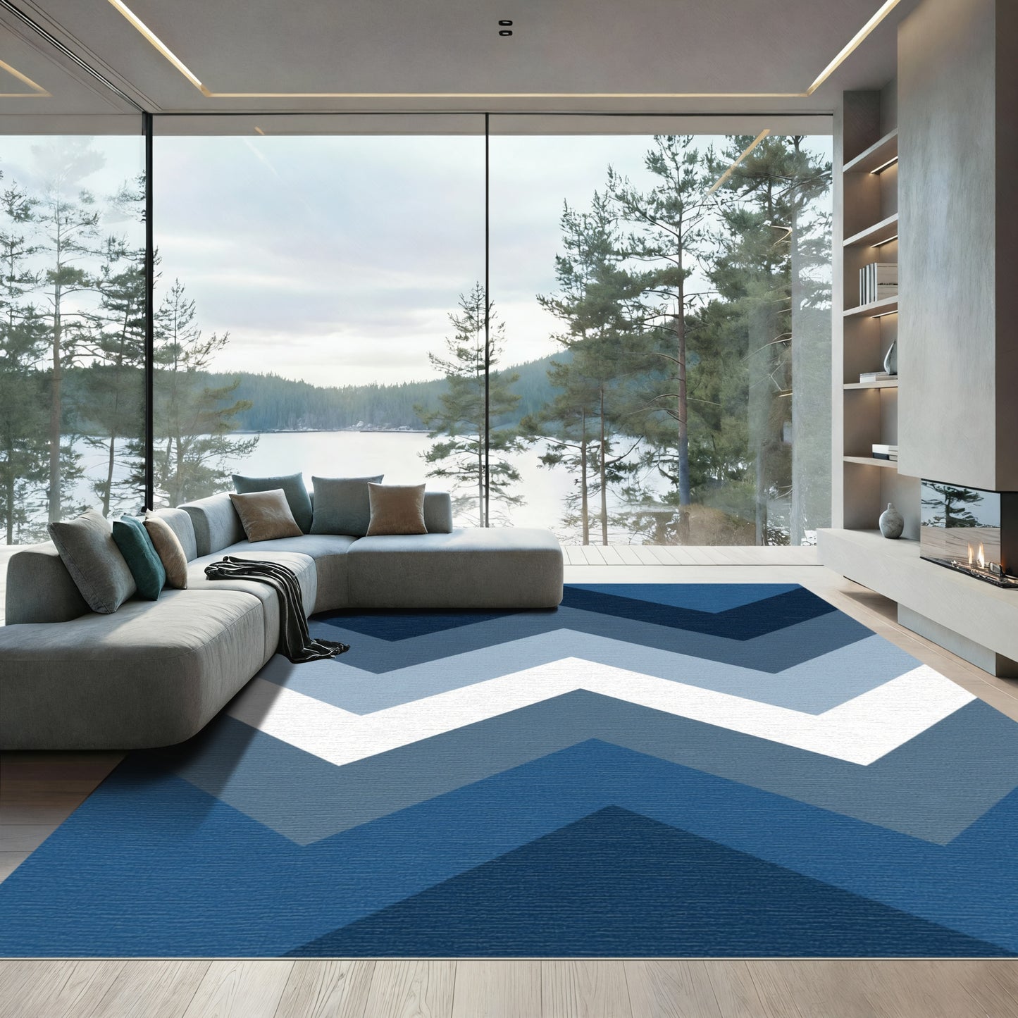 Gradient Blue Chevron Zigzag Lines Rug