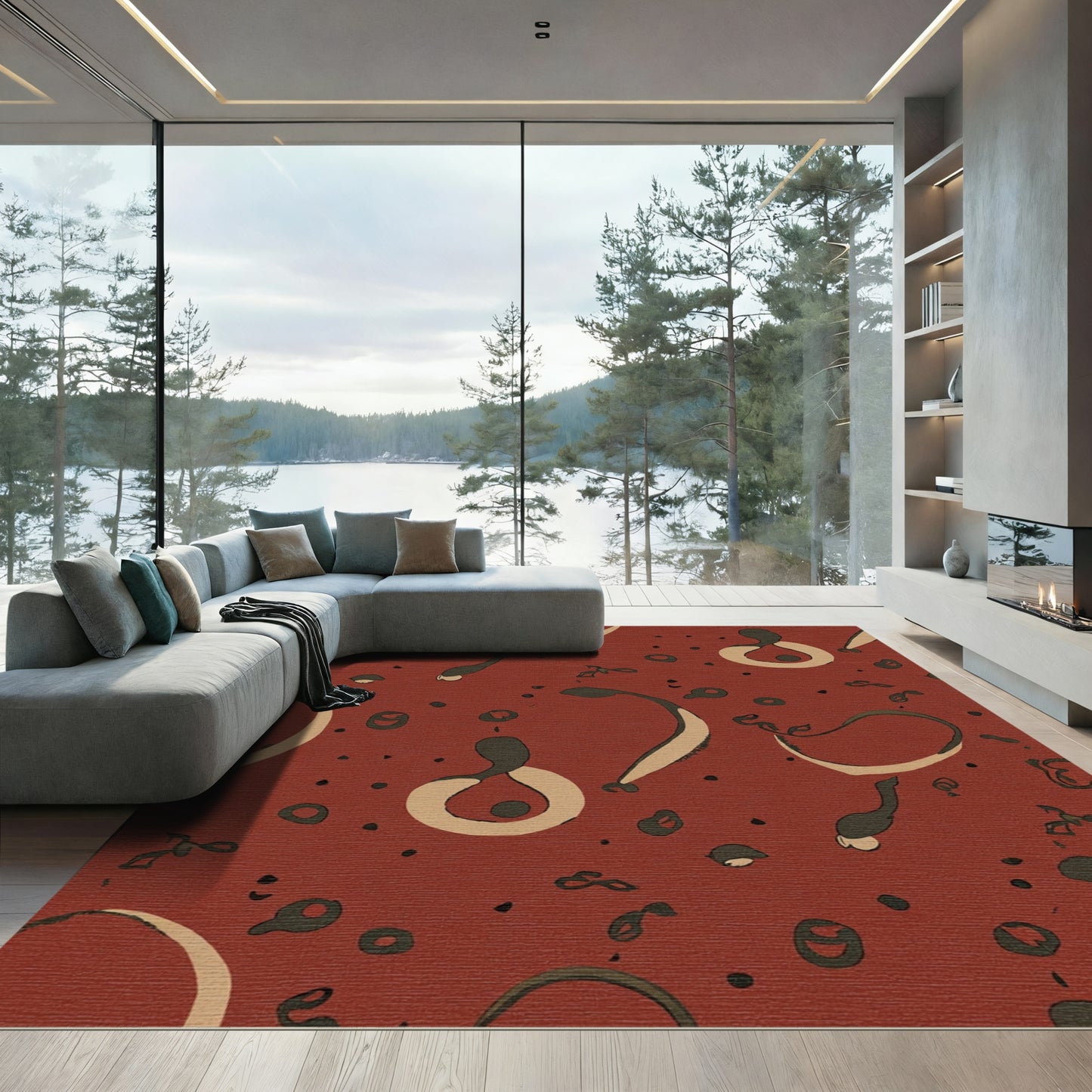 Abstract Crimson Swirls Scattered Dots Rug