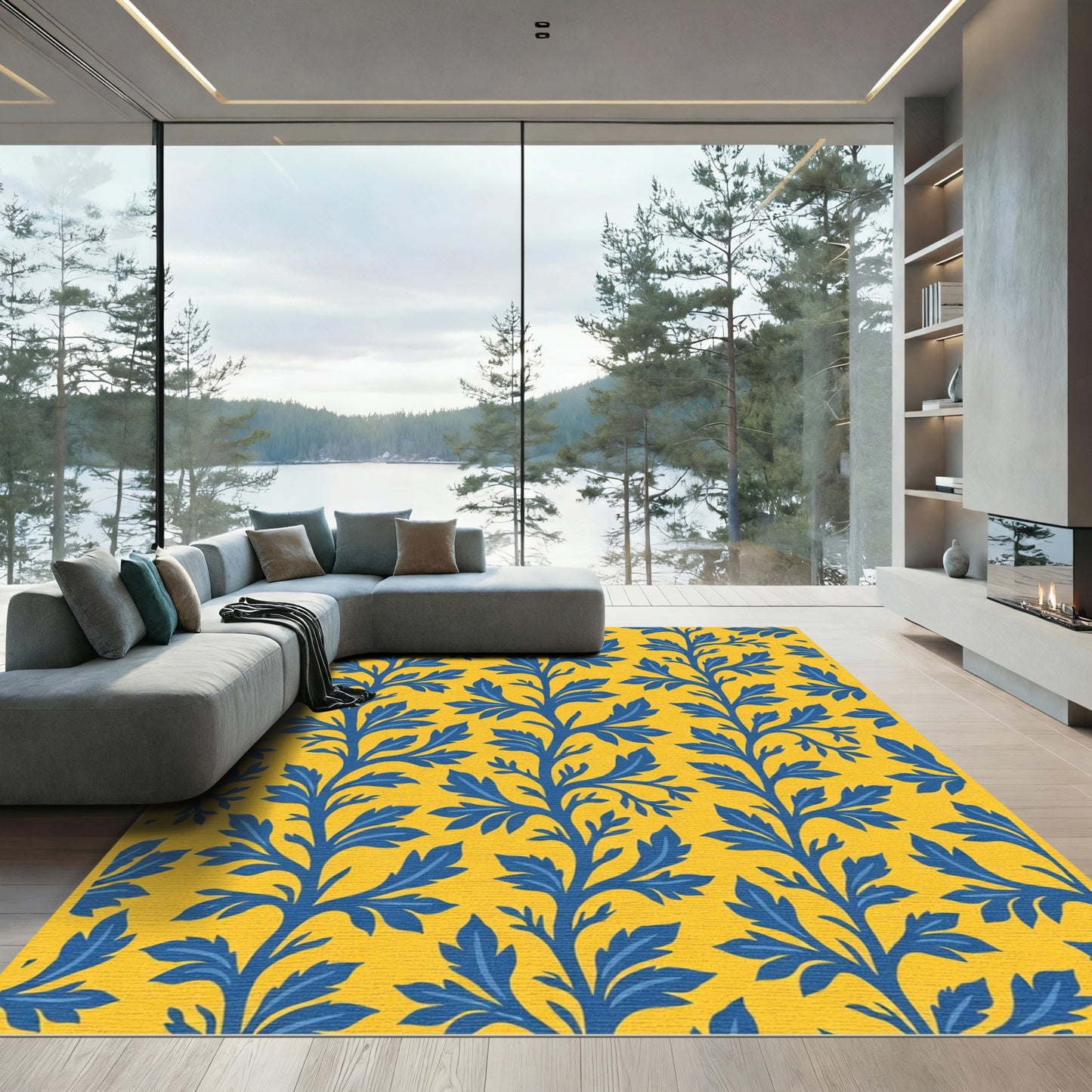 Blue Leaf Vine Yellow Background Rug