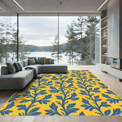 Blue Leaf Vine Yellow Background Rug