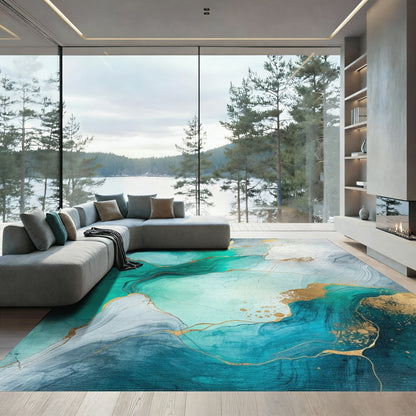 Teal Gold Fluid Marble Rug