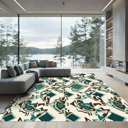 Teal Gold Abstract Diamond Geometric Rug