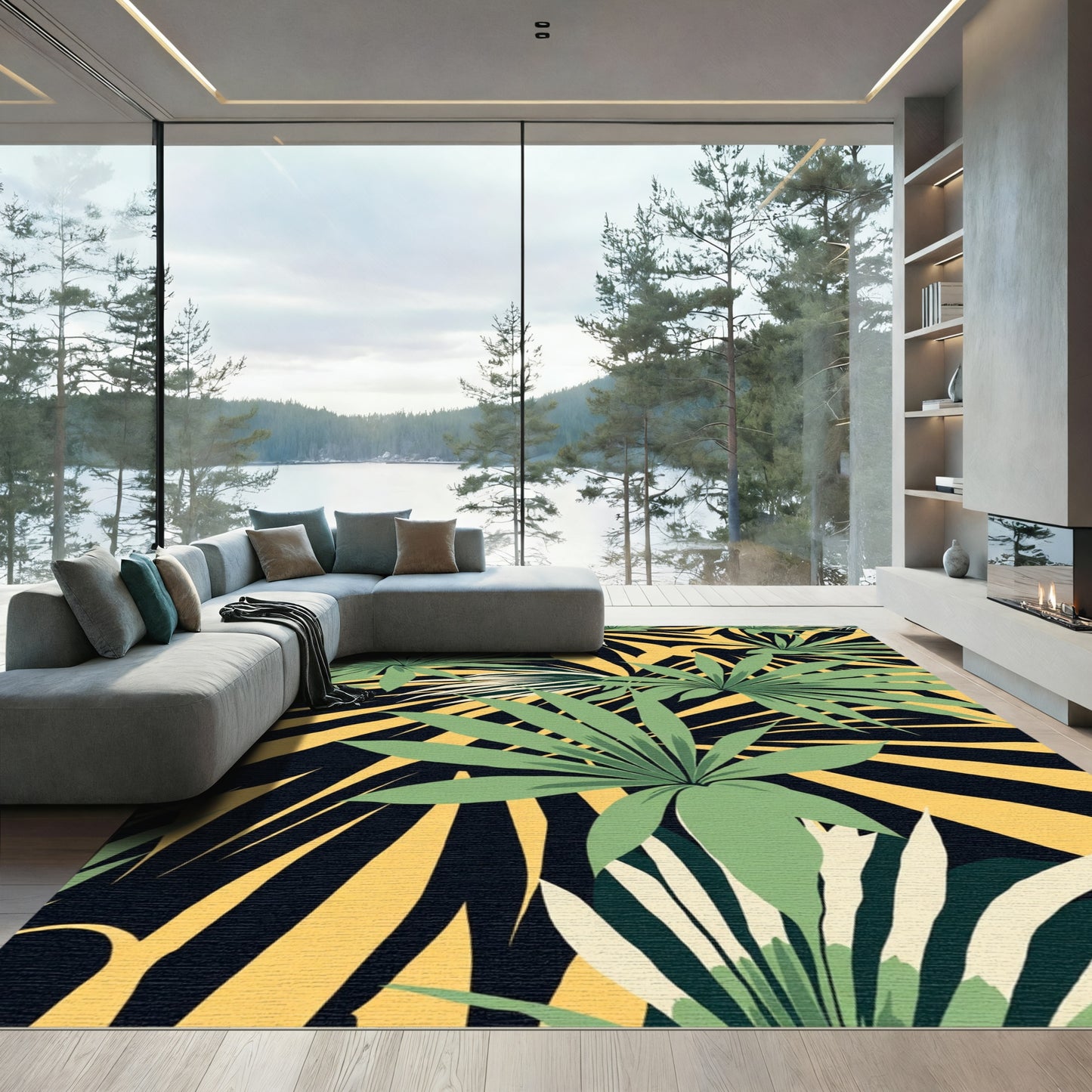 Lush Green Palm Leaf Tropical Rug