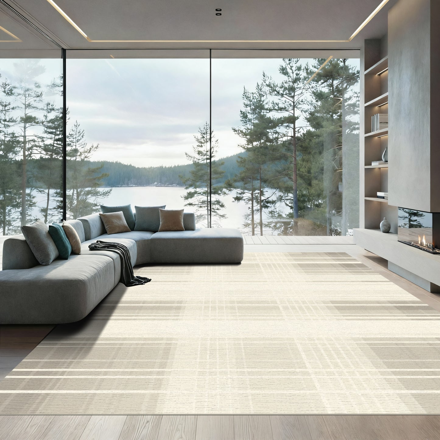 Subtle Beige Plaid Grid Rug