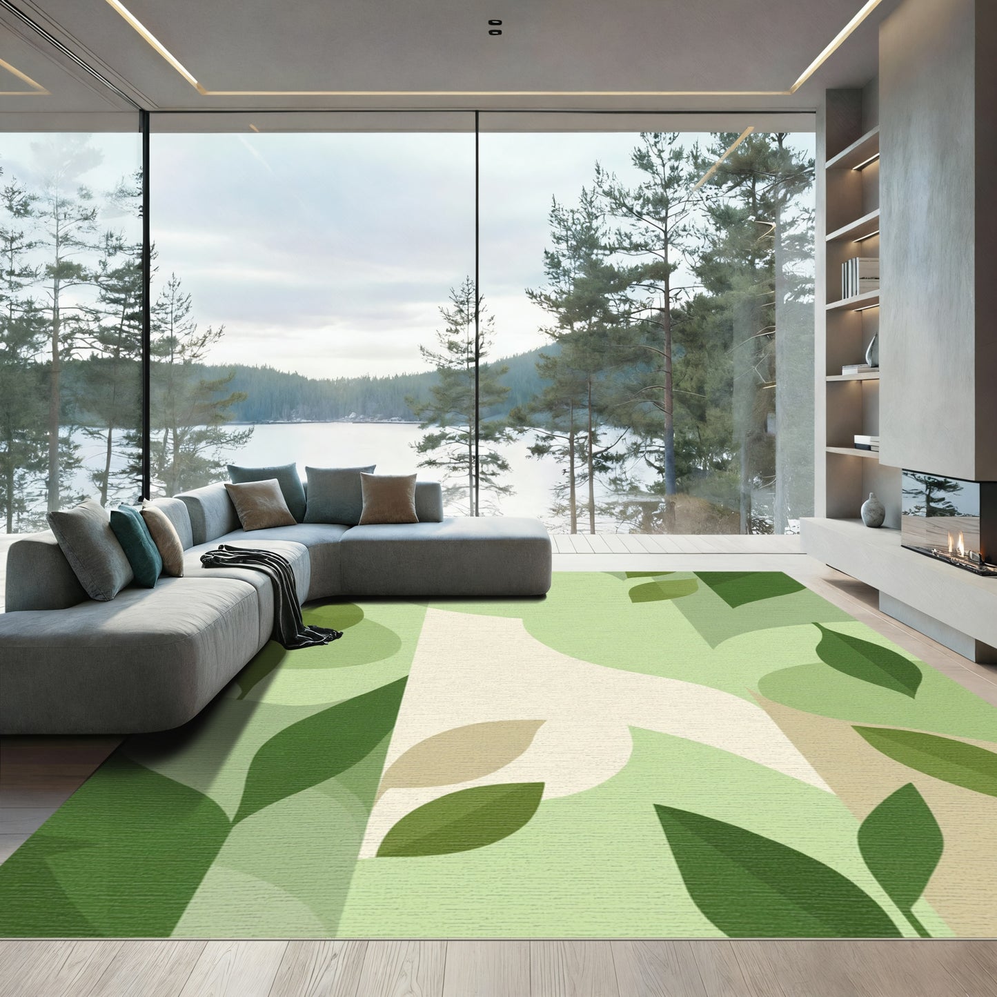 Verdant Spring Leaf Abstract Shapes Rug