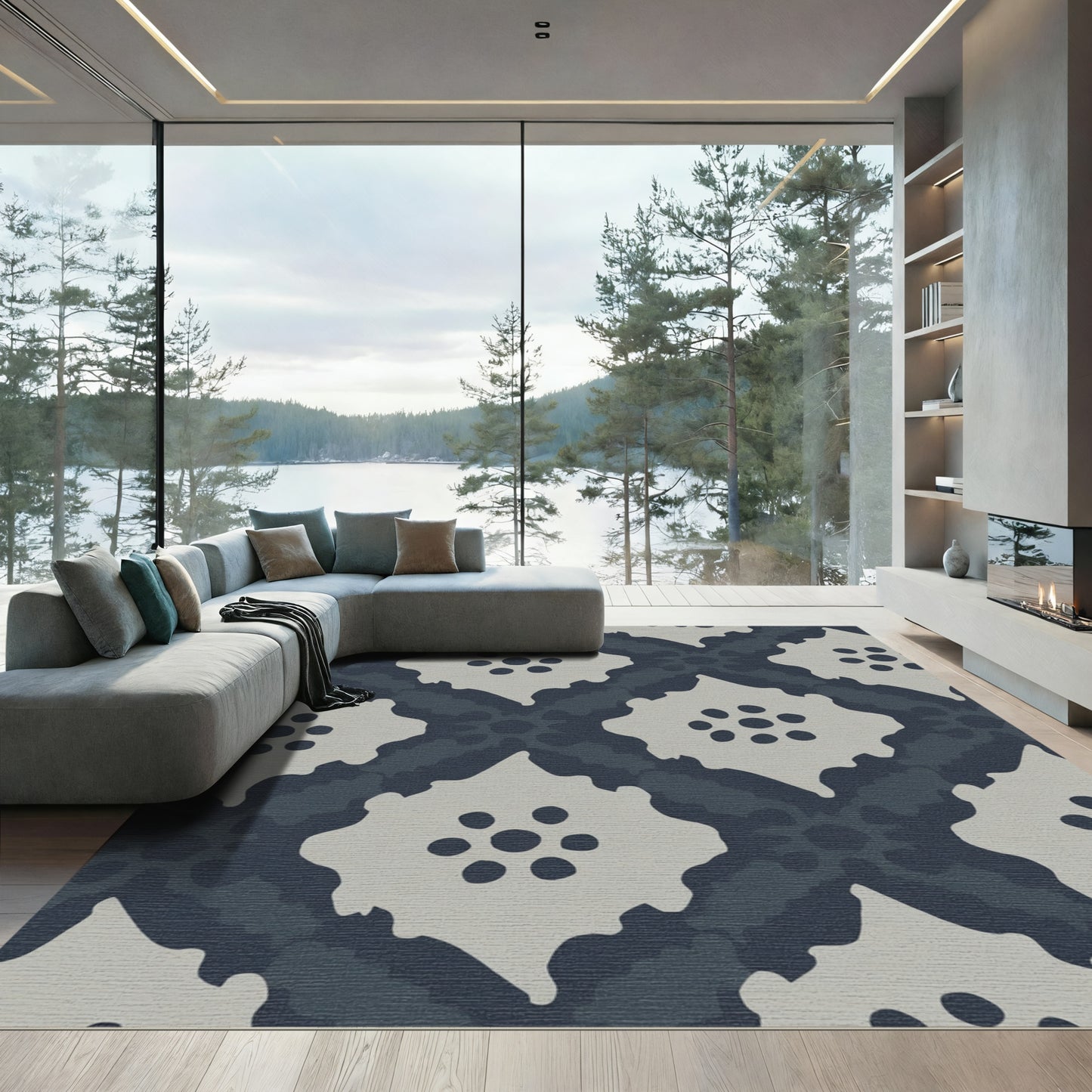 Dark Blue Gray Abstract Floral Diamond Rug