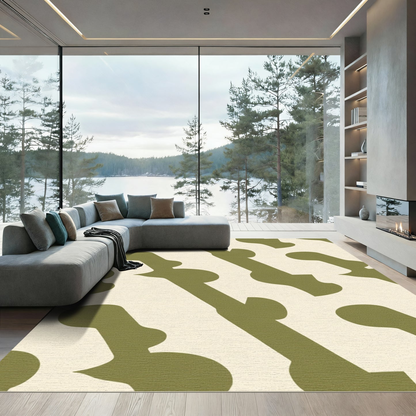 Olive Green Abstract Bone Shapes Rug