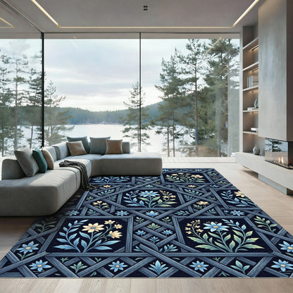 Vintage Blue Floral Garden Lattice Rug