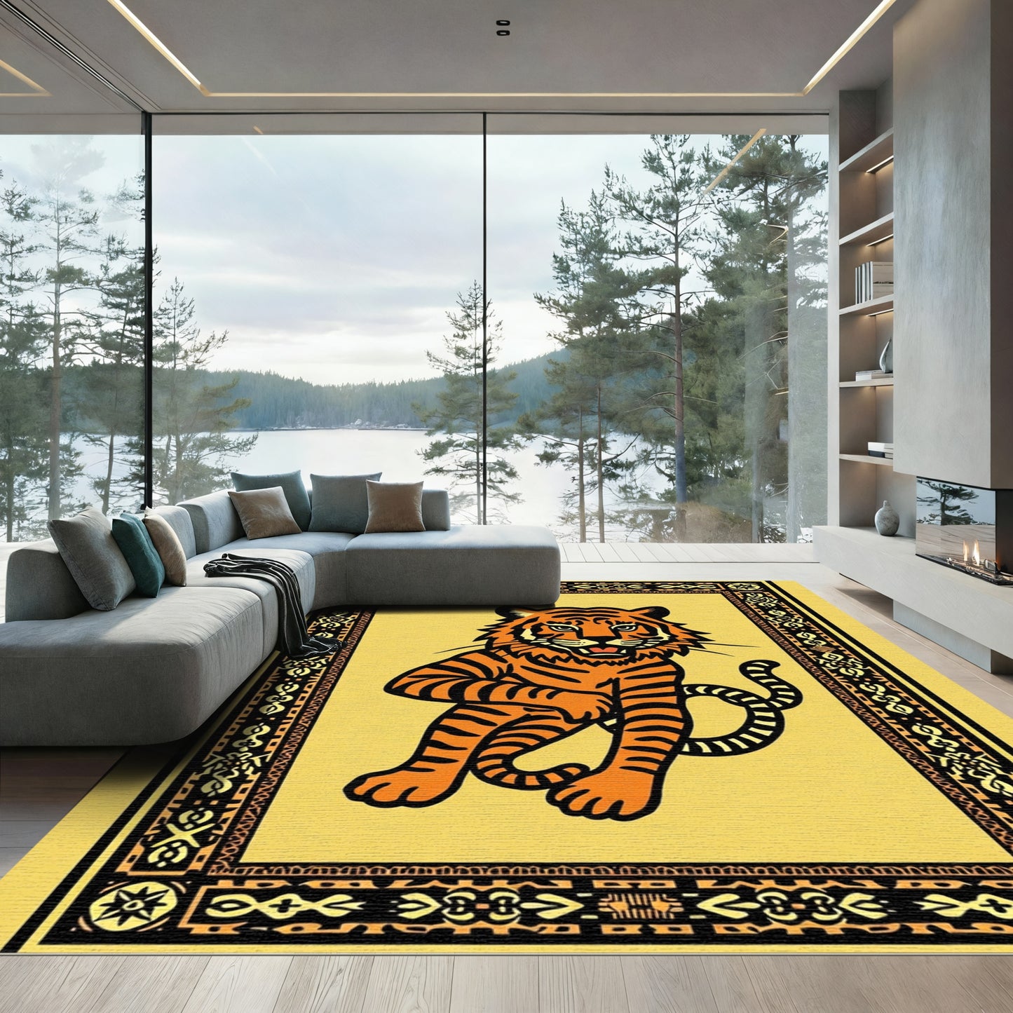Bold Orange Tiger Yellow Geometric Frame Rug