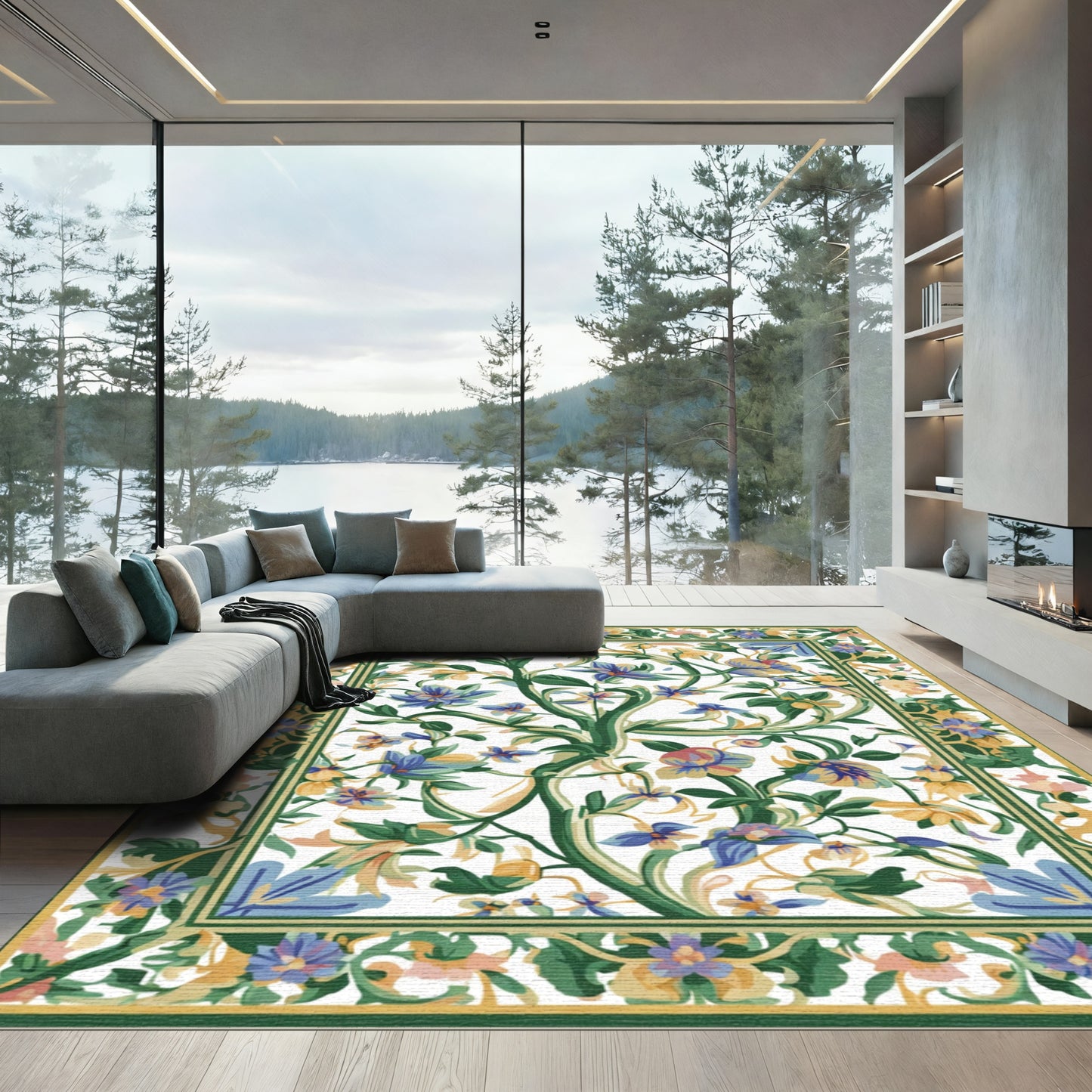 Vibrant Blue Yellow Floral Vine Rug