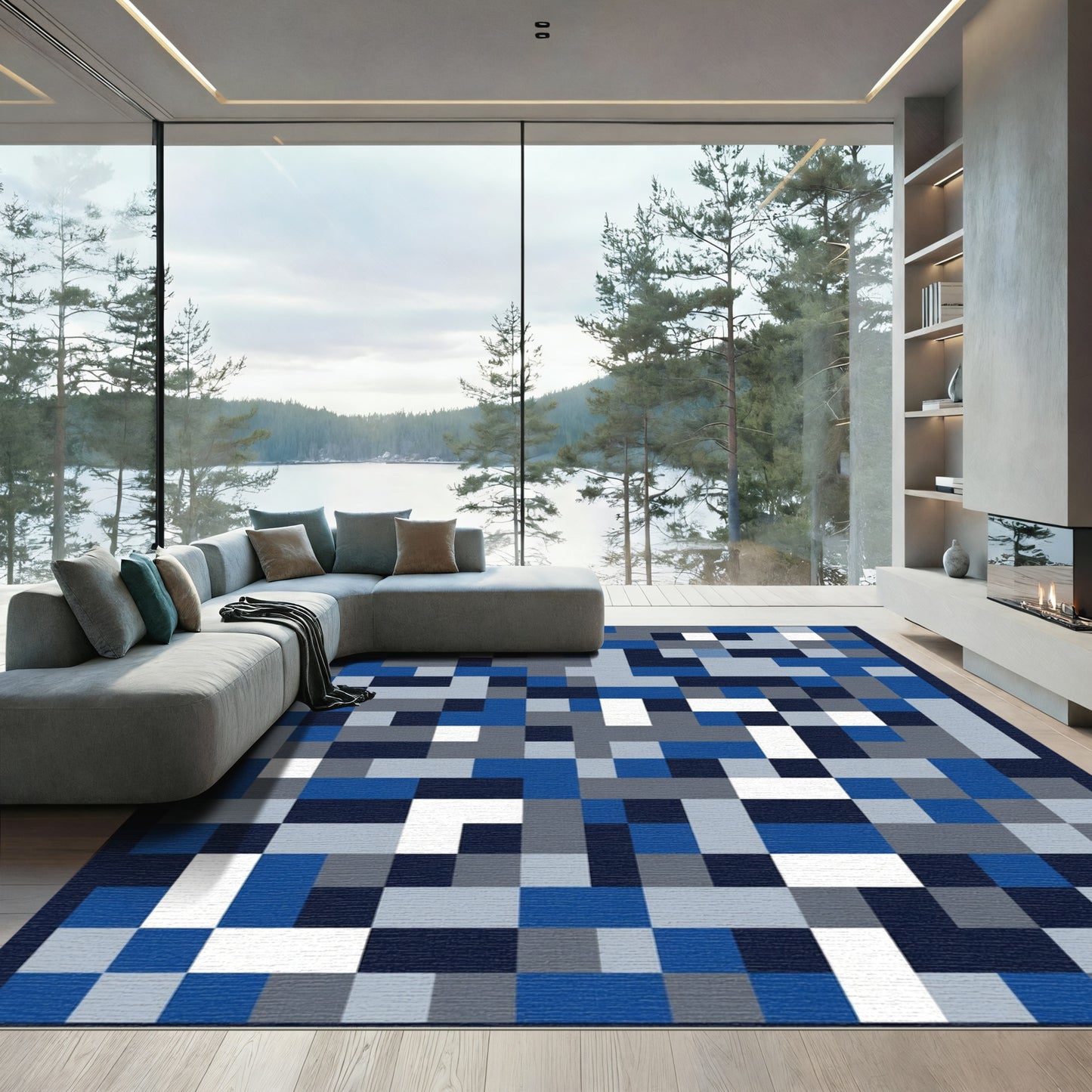 Blue Gray White Pixelated Geometry Rug