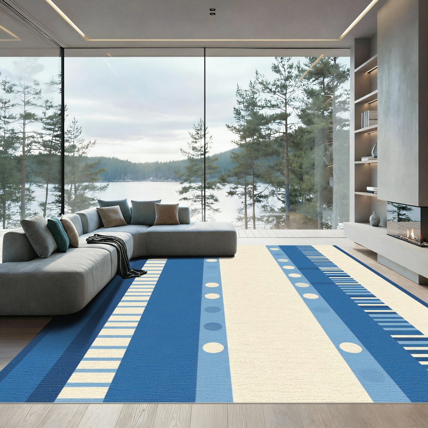 Indigo Blue Cream Mid-Century Stripes Rug