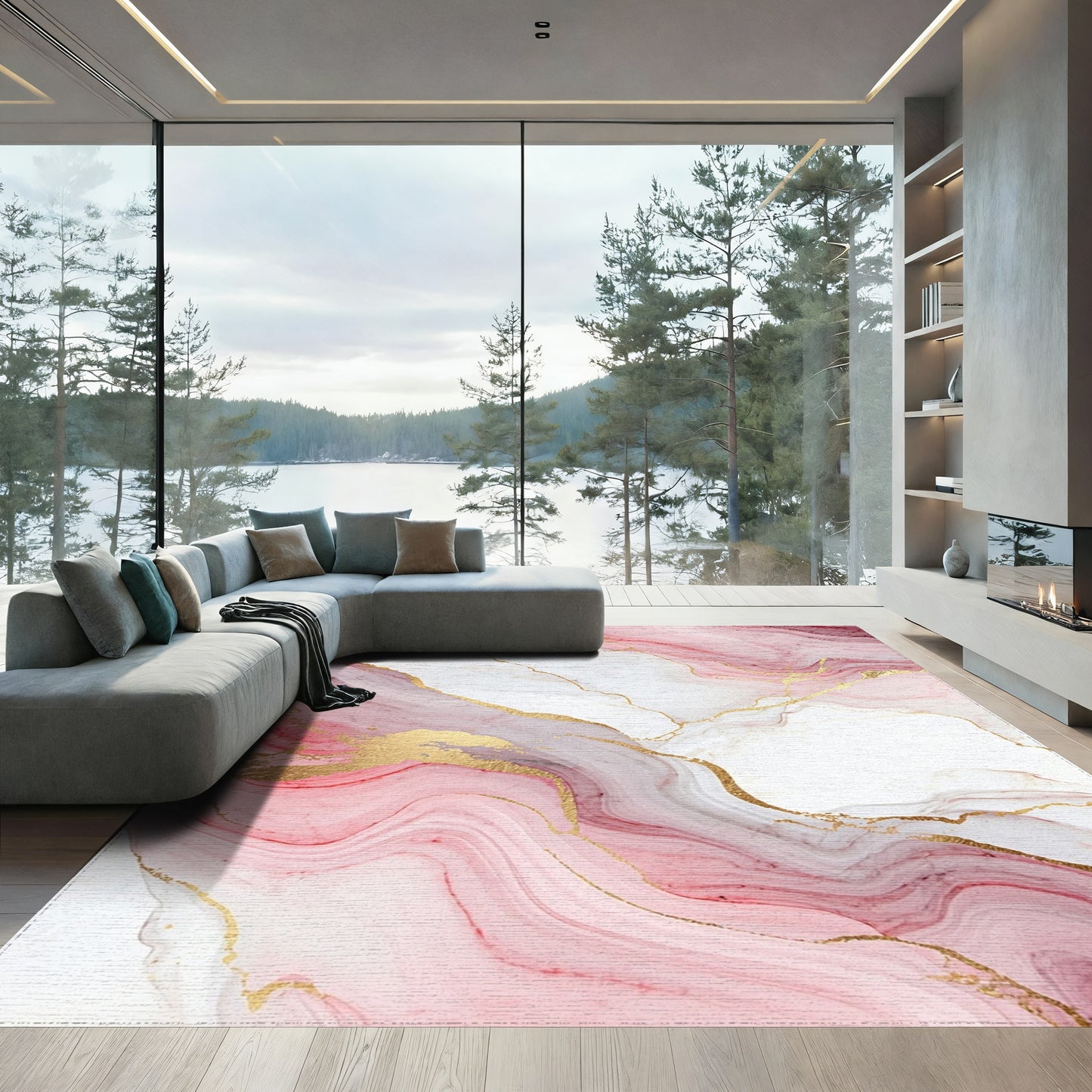 Pink Gold Veined Marble Rug