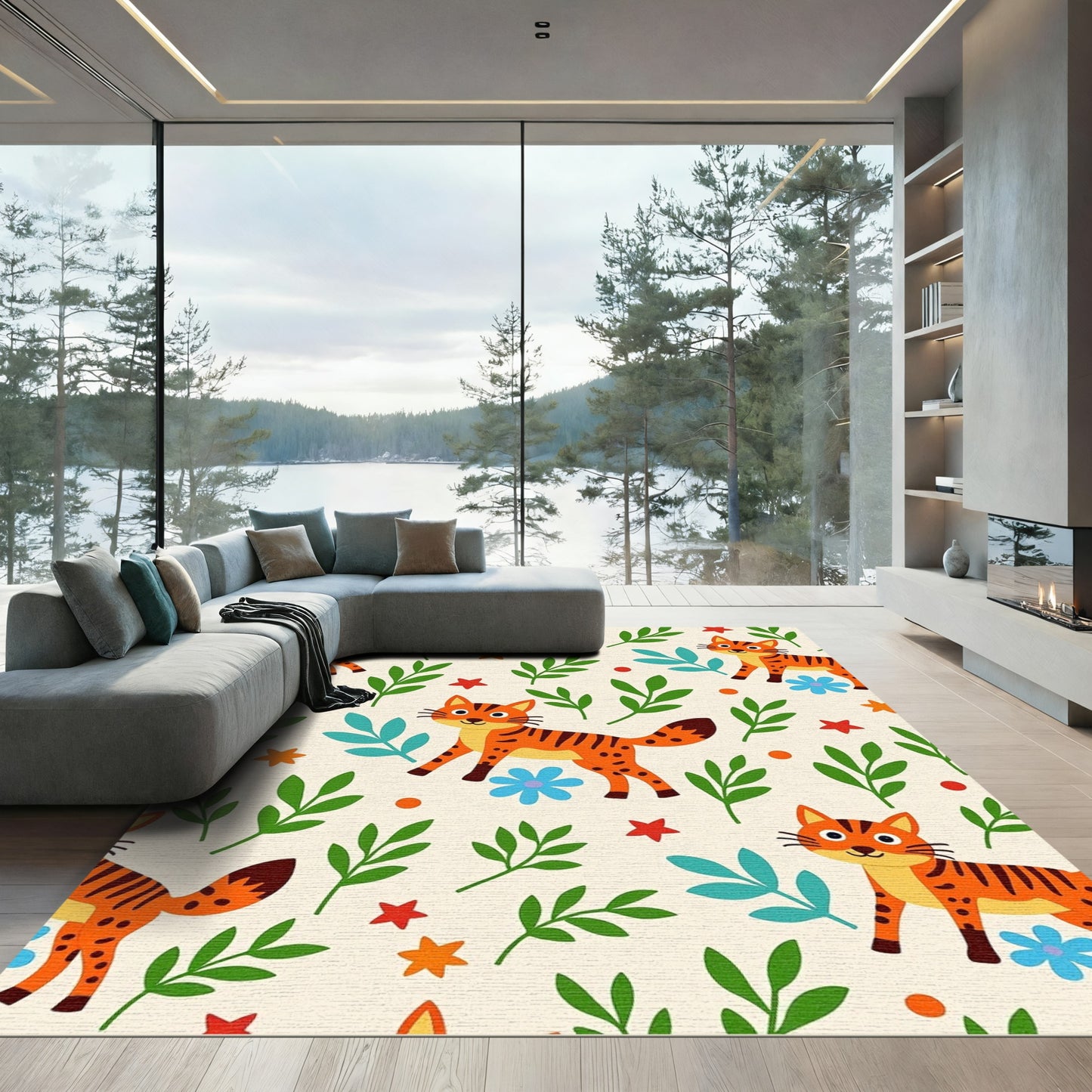 Whimsical Orange Tiger Floral Medley Rug