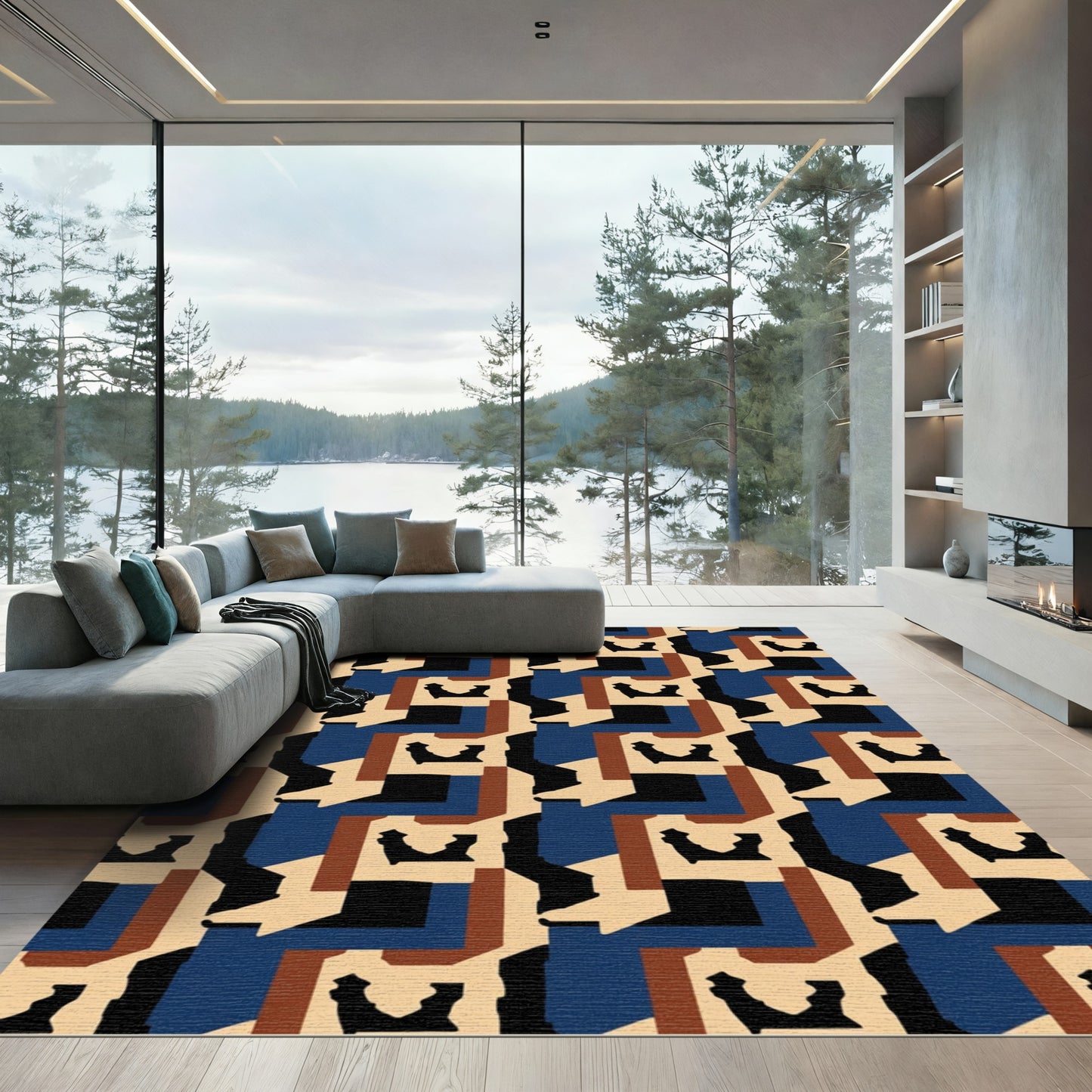 Geometric Abstract Brown Blue Beige Rug