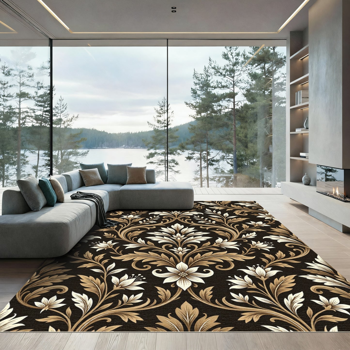 Ornate Golden Floral Damask Rug