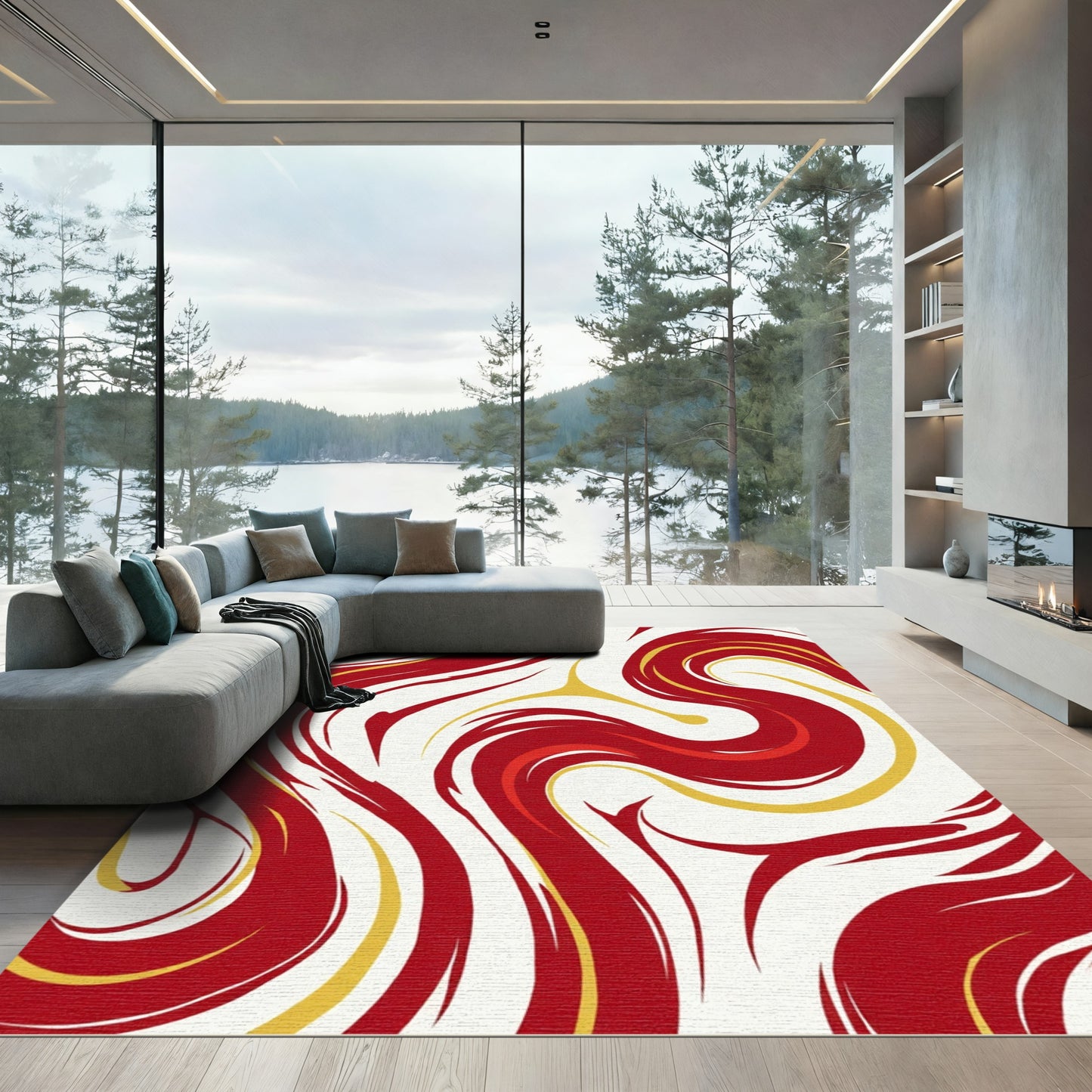 Crimson Gold Swirl Abstract Texture Rug