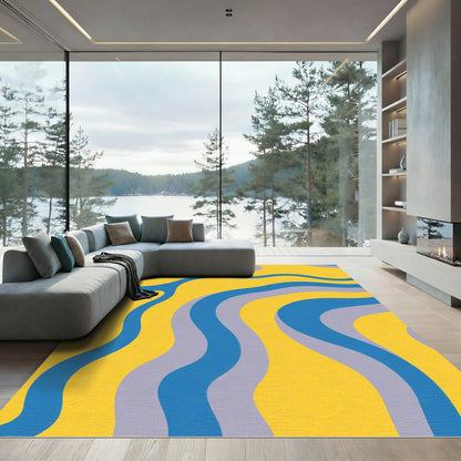 Retro Yellow Blue Swirling Waves Rug