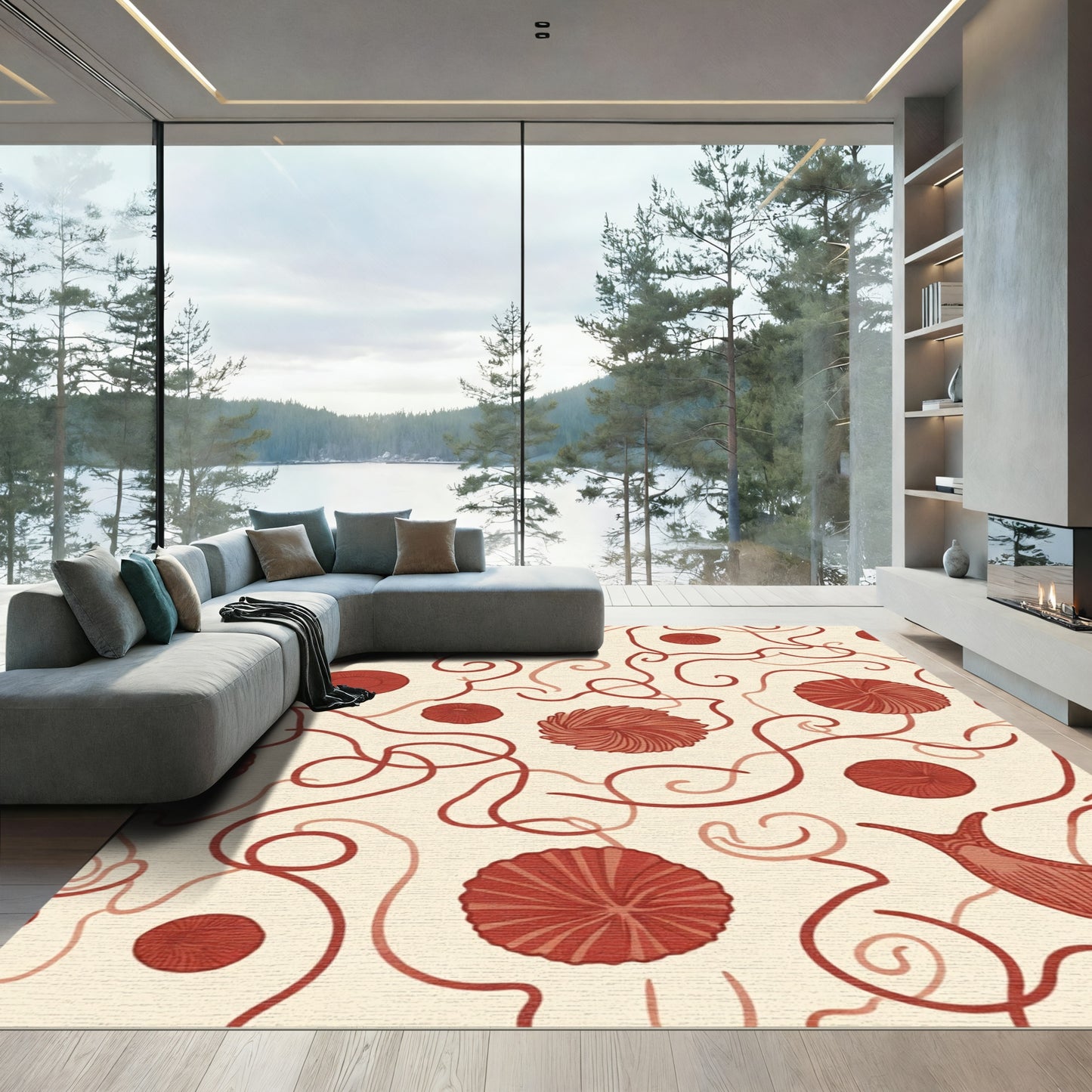 Crimson Floral Swirls Cream Rug