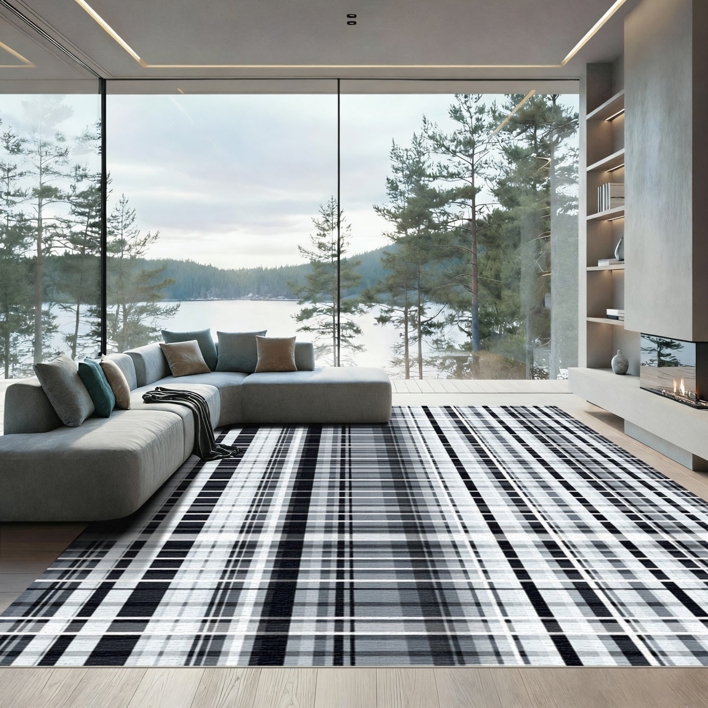 Monochromatic Grayscale Plaid Stripe Rug