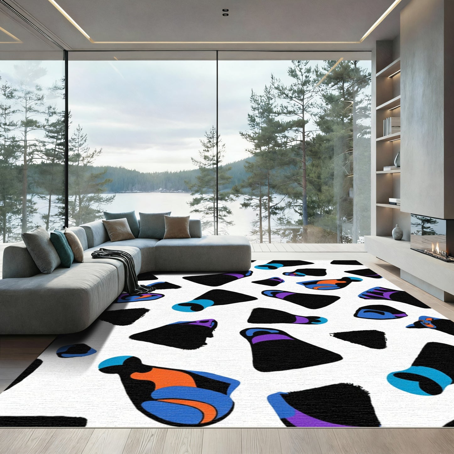 Abstract Amorphous Shapes Cobalt Orange Rug
