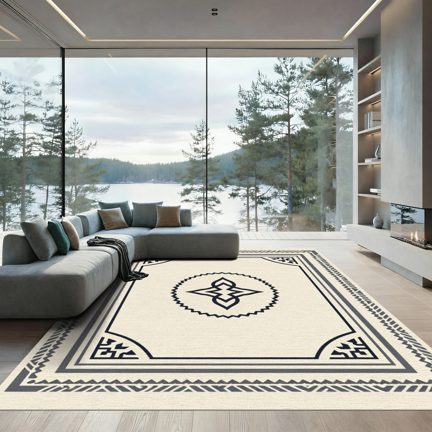 Cream Black Geometric Tribal Medallion Rug
