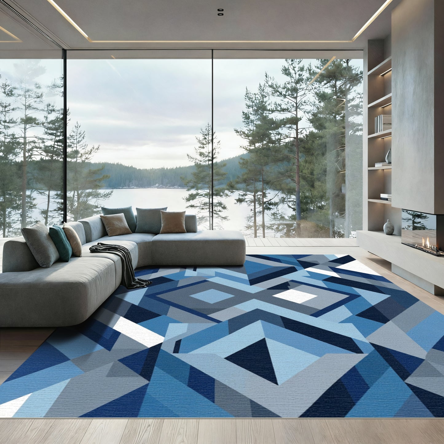 Blue Geometric Diamond Abstract Rug