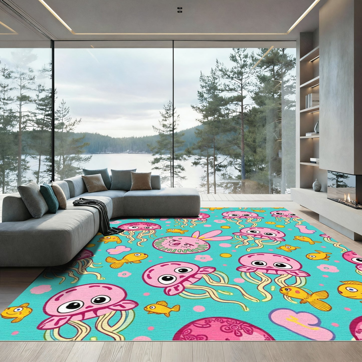 Pink Jellyfish and Goldfish Aquatic Whimsy Rug