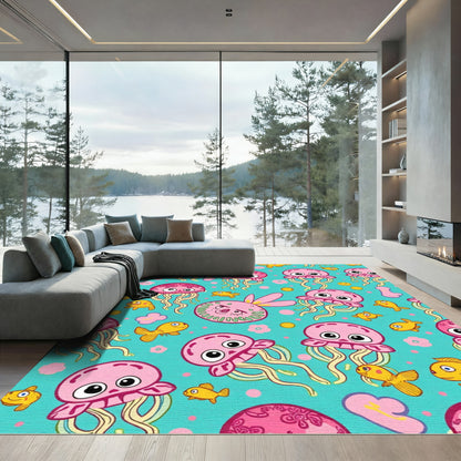 Pink Jellyfish and Goldfish Aquatic Whimsy Rug