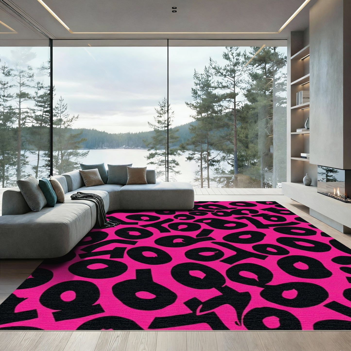Vibrant Pink Black Abstract Spots Rug