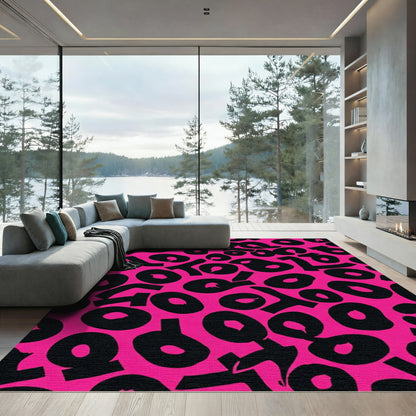 Vibrant Pink Black Abstract Spots Rug