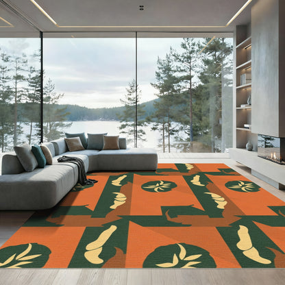 Orange Green Abstract Shape Collage Rug