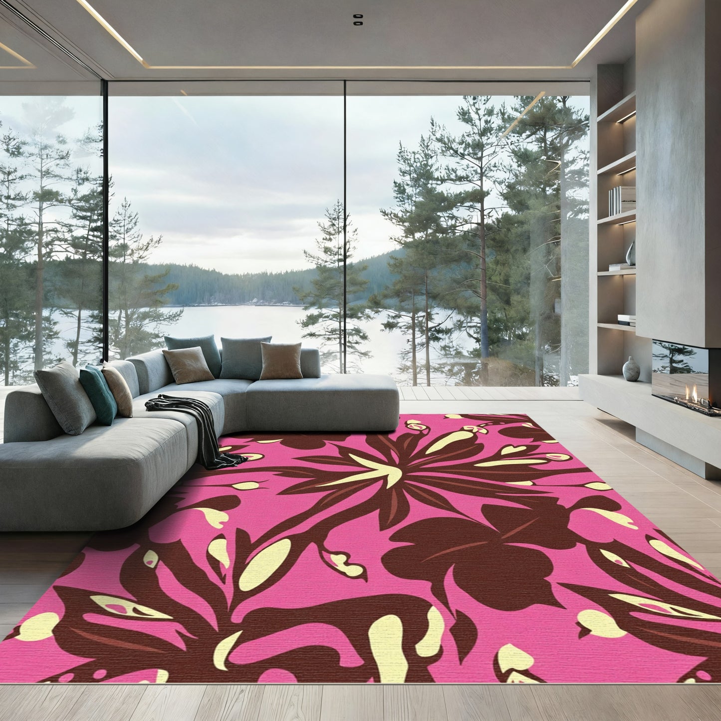 Vibrant Pink Floral Abstract Composition Rug