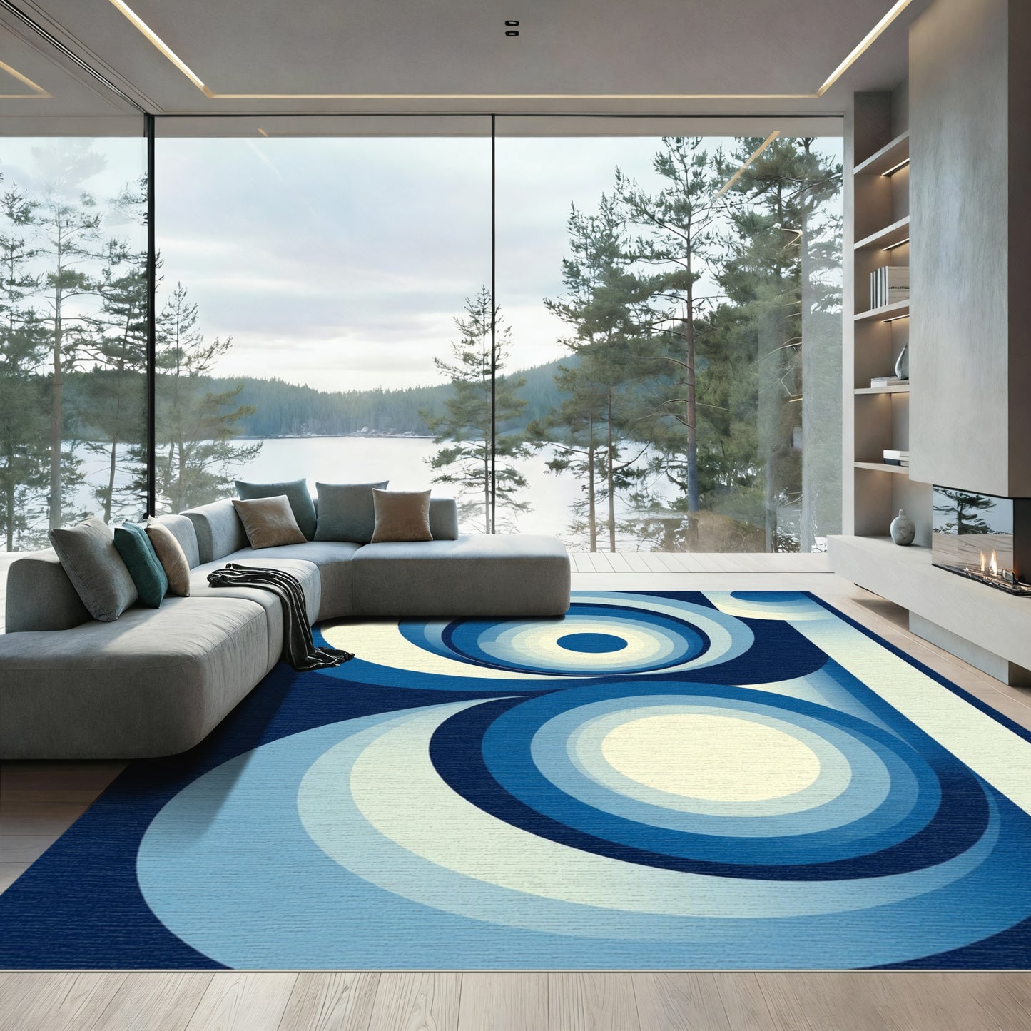 Deep Blue Concentric Circles Rug