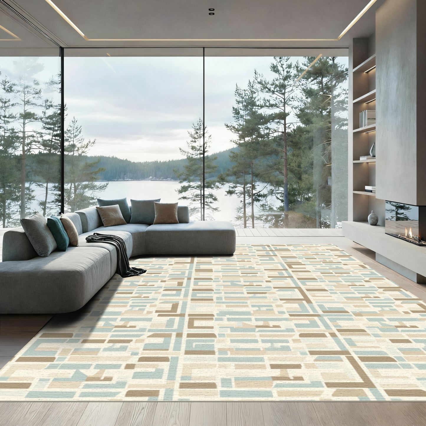 Crme Beige Aqua Geometric Blocks Rug