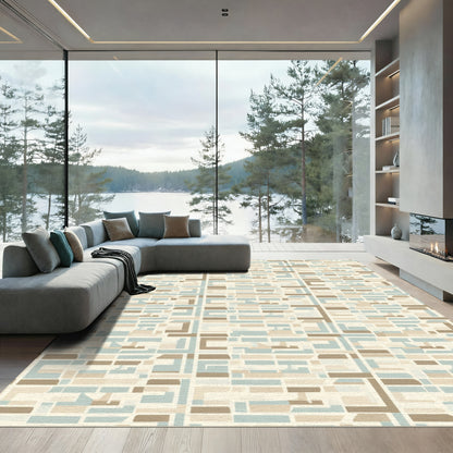 Crme Beige Aqua Geometric Blocks Rug