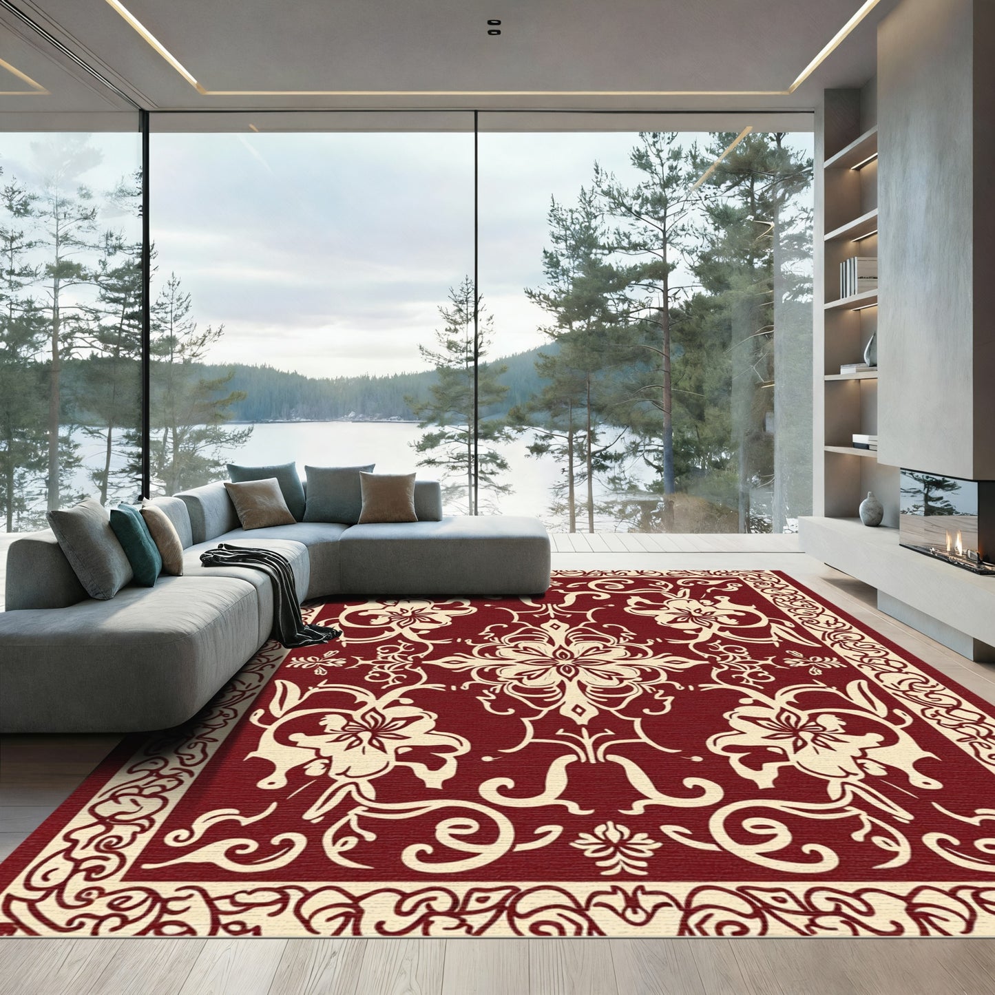 Crimson Cream Floral Medallion Border Rug