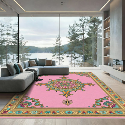 Ornate Pink Floral Medallion Border Rug