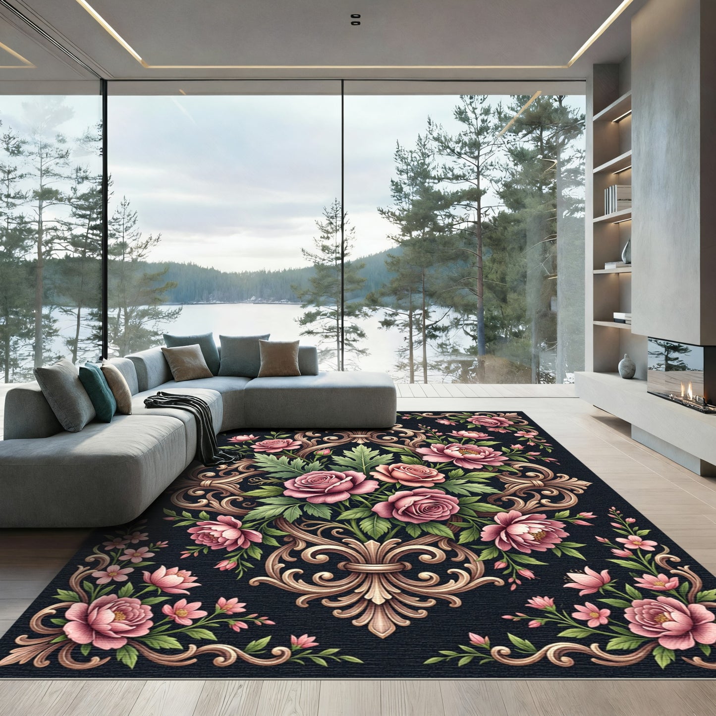 Ornate Pink Rose Scrollwork Arrangement Rug