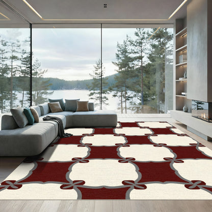 Deep Crimson and Cream Interlocking Squares Rug