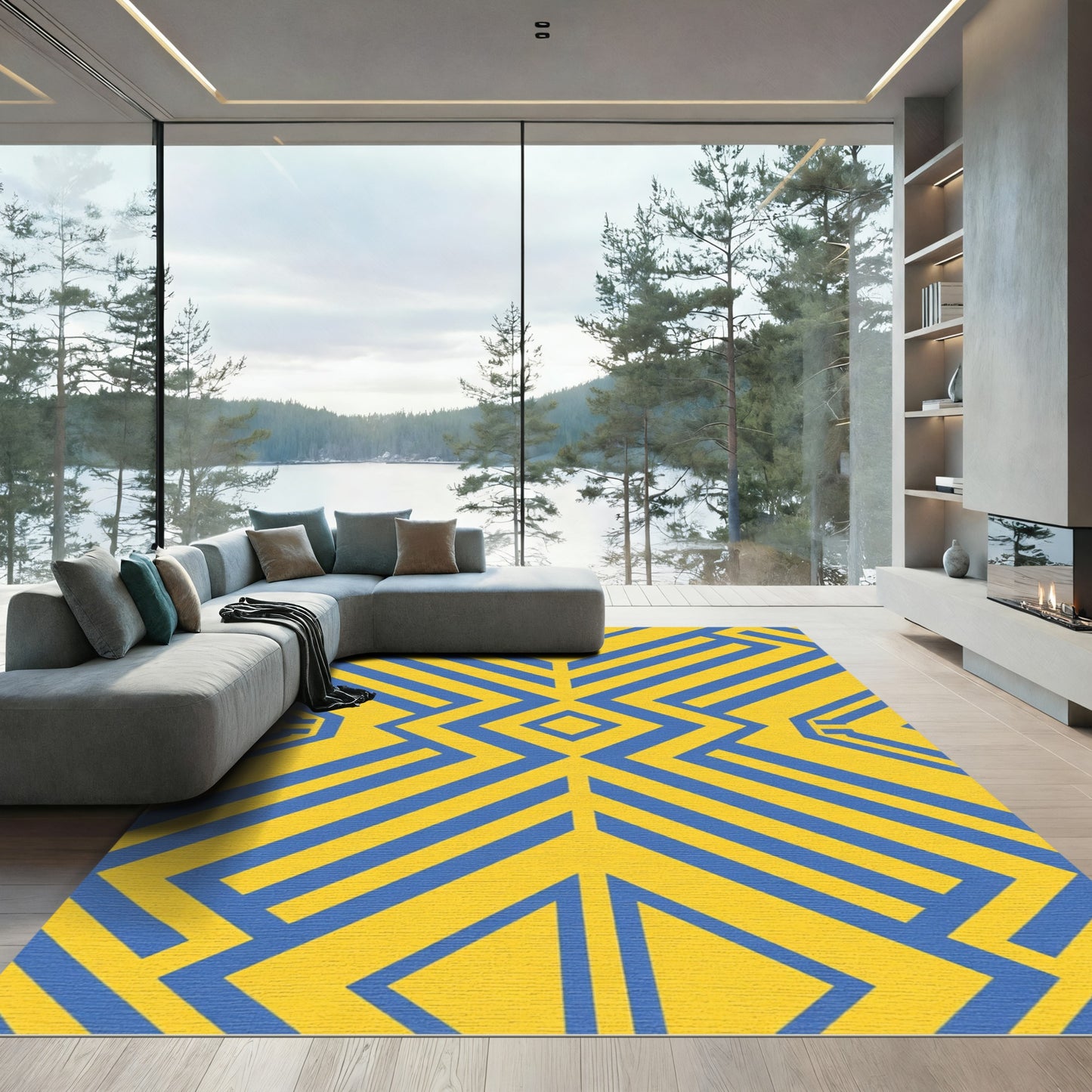 Bold Yellow Blue Geometric Accent Rug