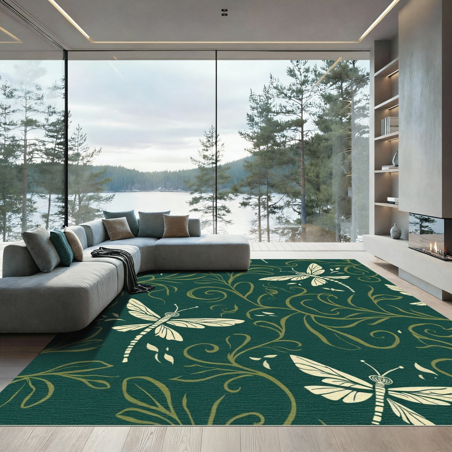 Deep Teal Cream Dragonfly Vine Rug