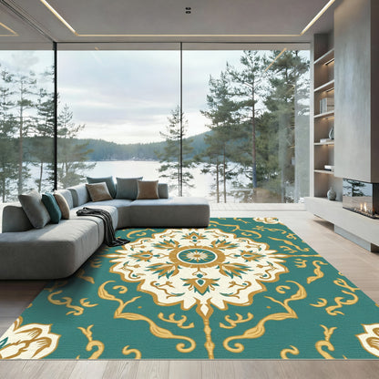Turquoise Golden Floral Medallion Rug