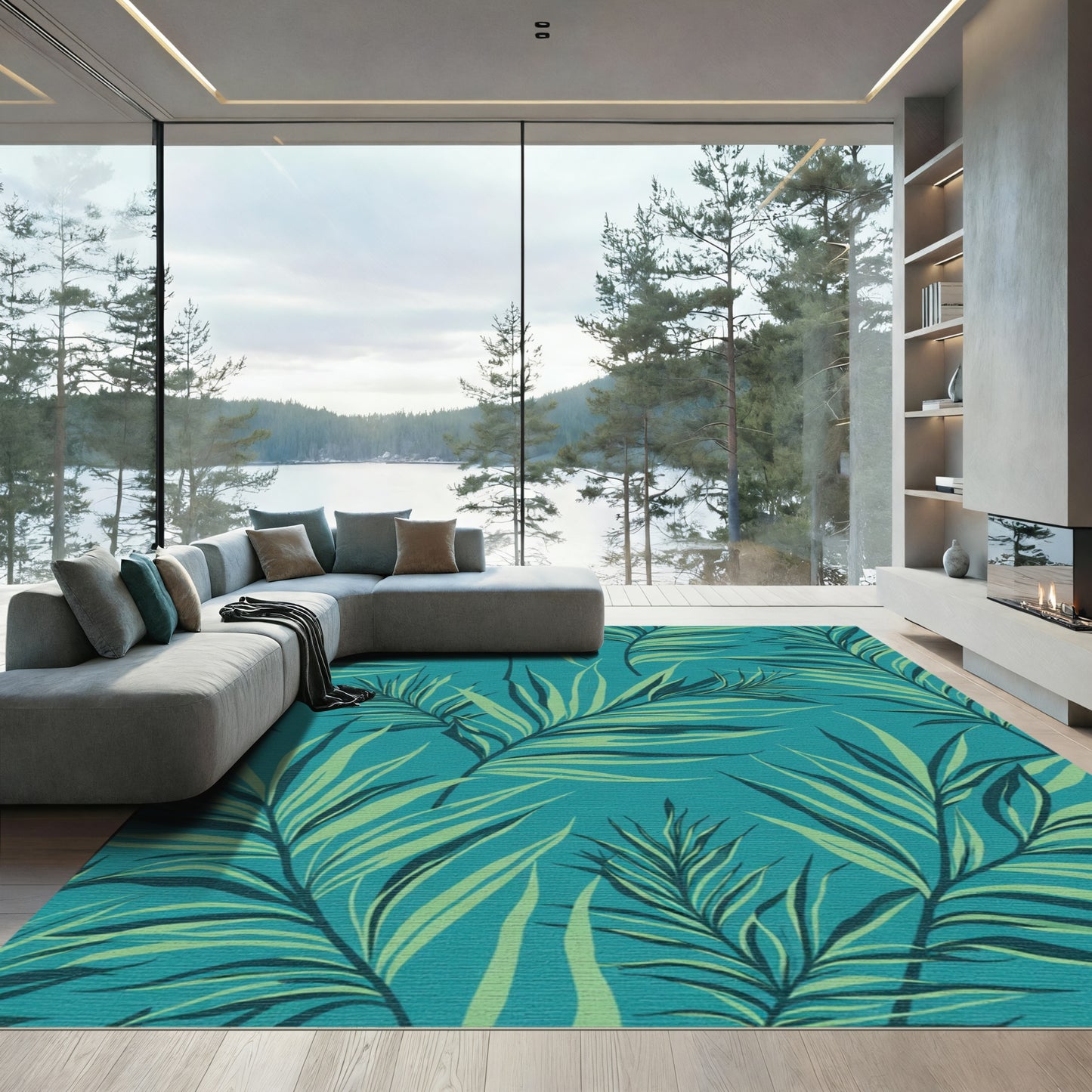 Aqua Teal Palm Leaf Pattern Rug
