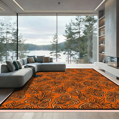 Orange Swirling Botanical Leaf Collage Rug