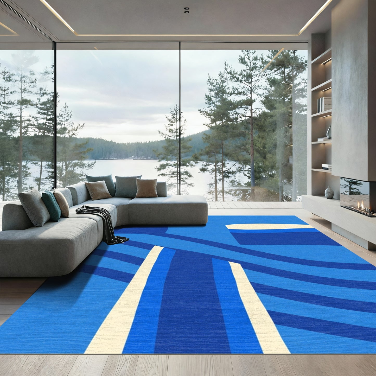 Modern Blue Cream Abstract Wave Rug