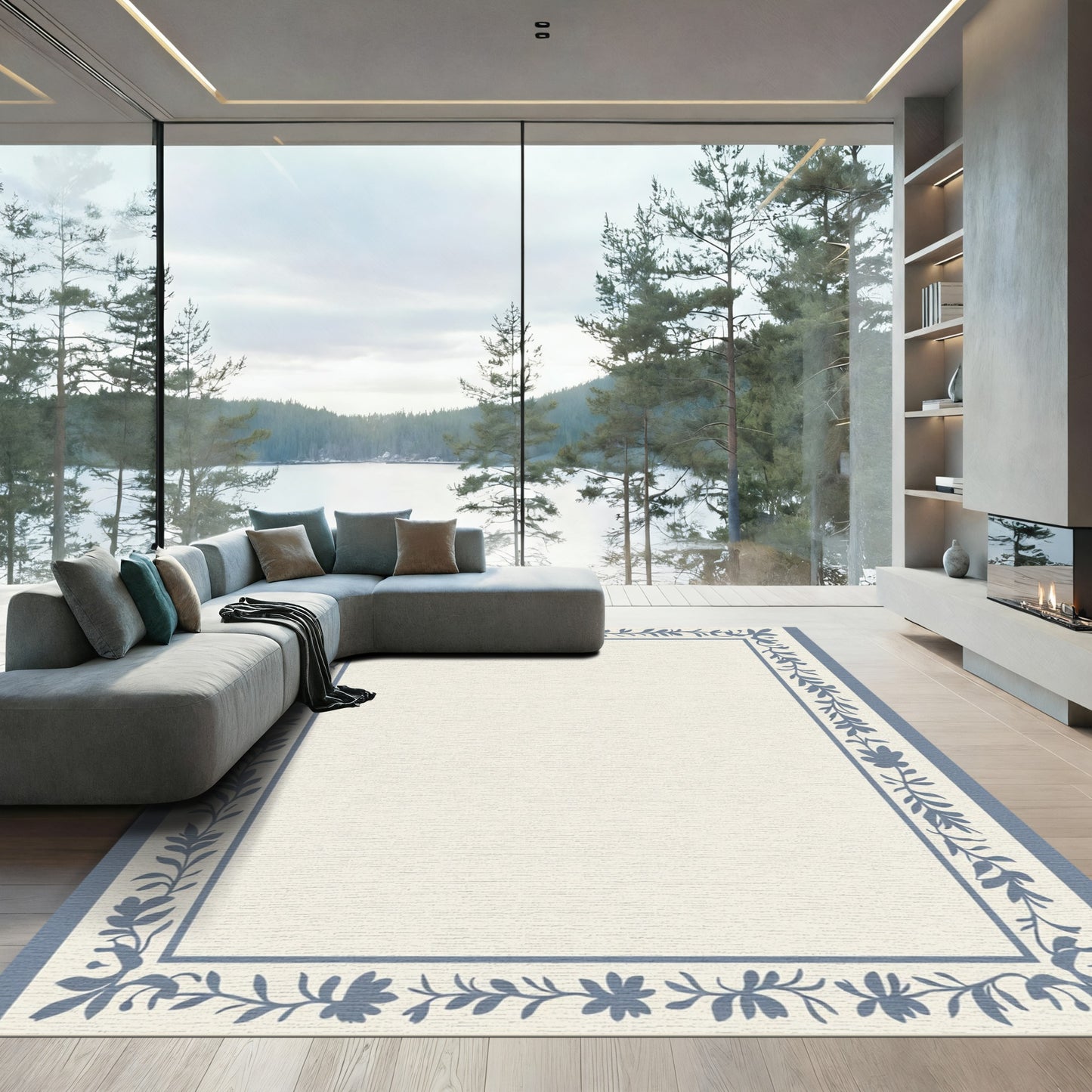 Blue Floral Botanical Border Rug