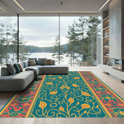 Teal Golden Floral Medallion Border Rug